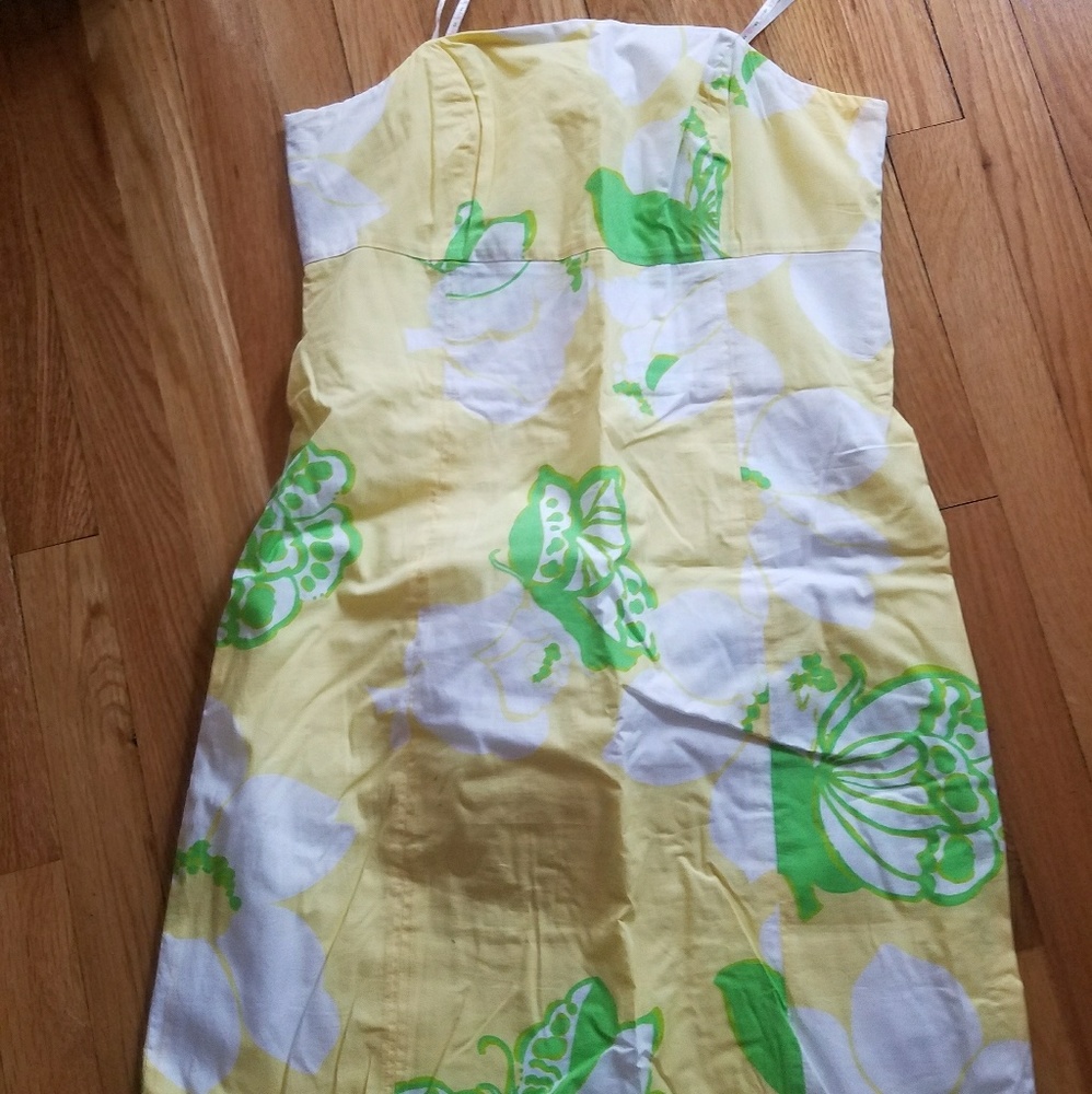 Lilly Pulitzer yellow and green butterfly dress.